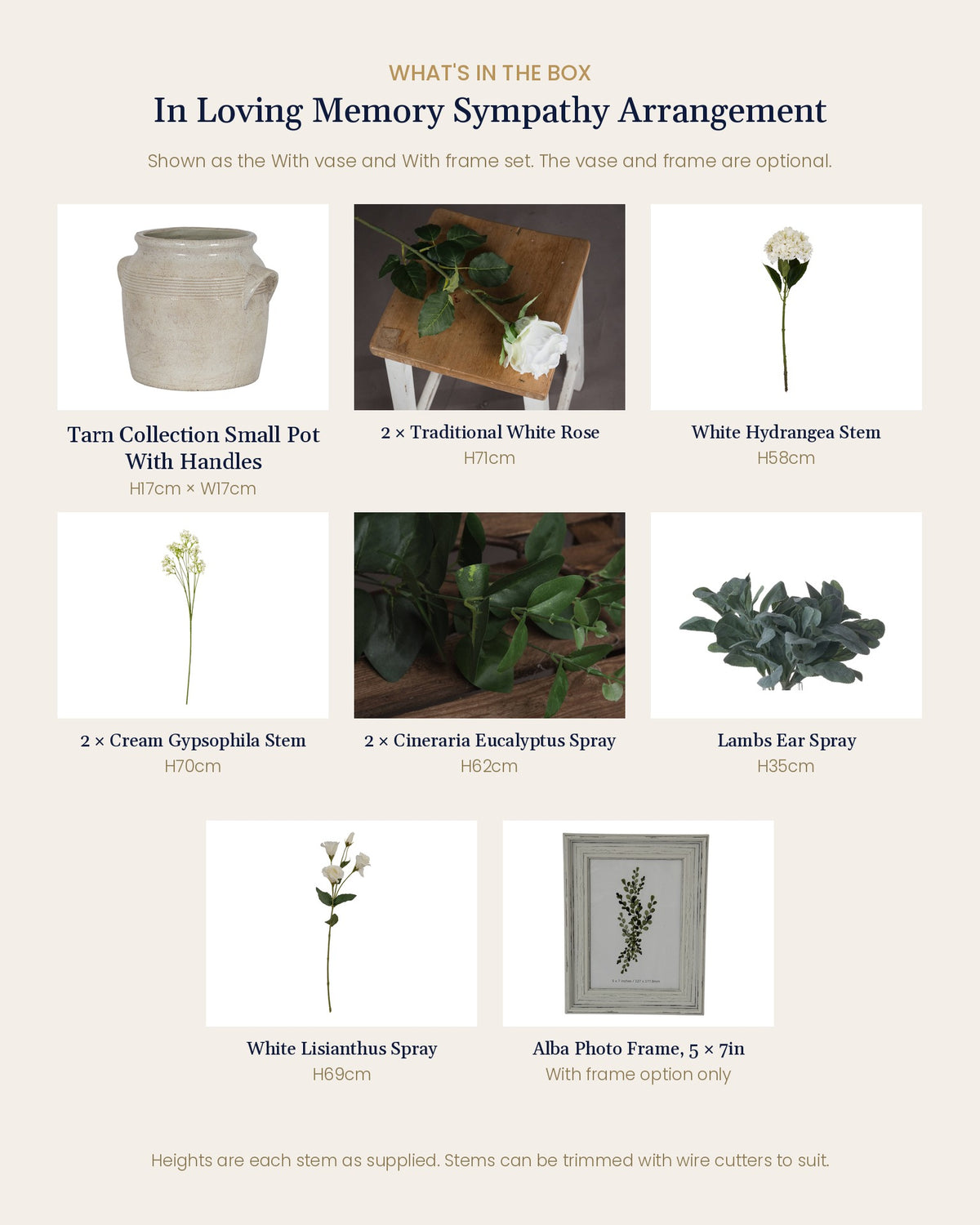 What's in the box for In Loving Memory Sympathy Arrangement: each artificial stem and piece included, with sizes