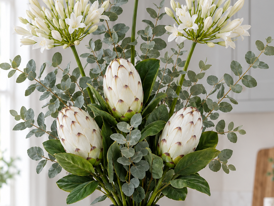 Close detail of the closed white proteas, cream agapanthus and grey-green eucalyptus in the Ivory Protea Bouquet