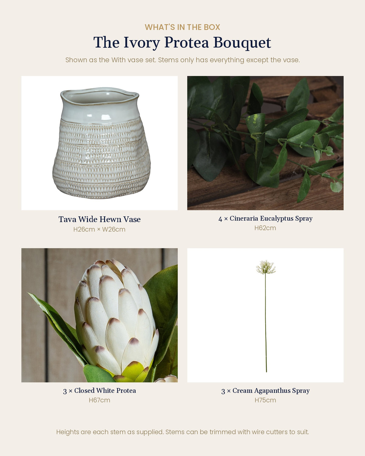What's in the box for The Ivory Protea Bouquet: each artificial stem and piece included, with sizes