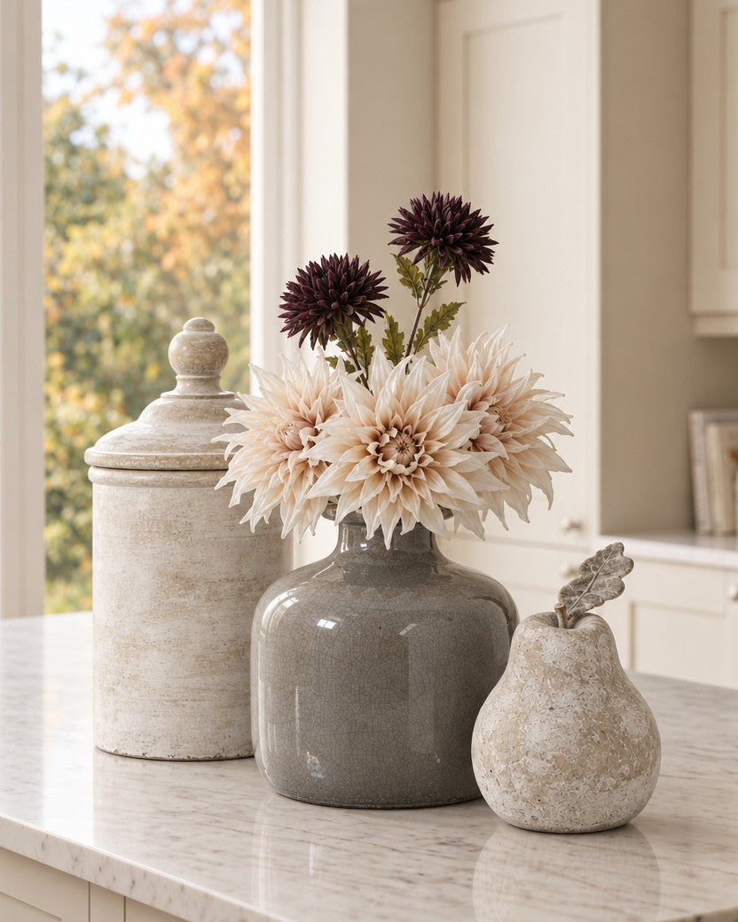 The Kitchen Corner on a marble kitchen island: grey glazed Chive vase with three artificial cafe au lait dahlias at the neck and chocolate chrysanthemums above, the antique white Bayonne cannister and a stone pear