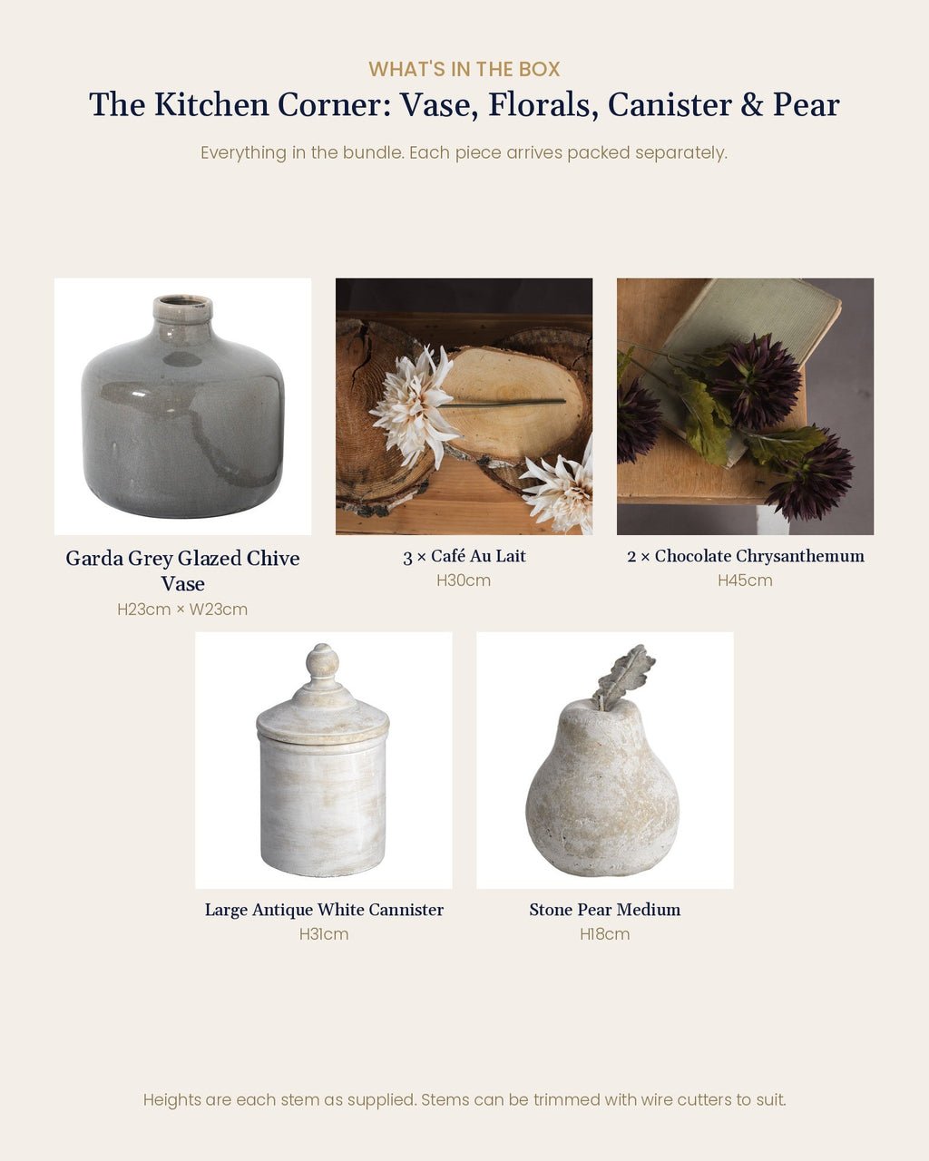 What's in the box for the Kitchen Corner: Garda Grey Glazed Chive Vase, 3 cafe au lait dahlia stems, 2 chocolate chrysanthemum stems, large antique white cannister and medium stone pear
