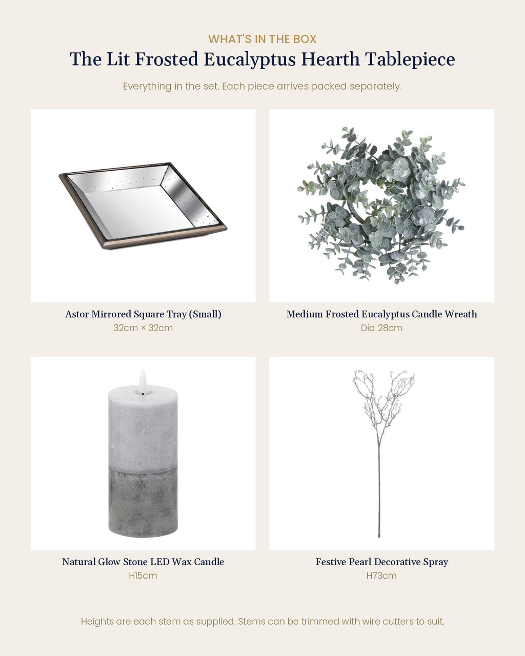 What's in the box for The Lit Frosted Eucalyptus Hearth Tablepiece: each artificial stem and piece included, with sizes