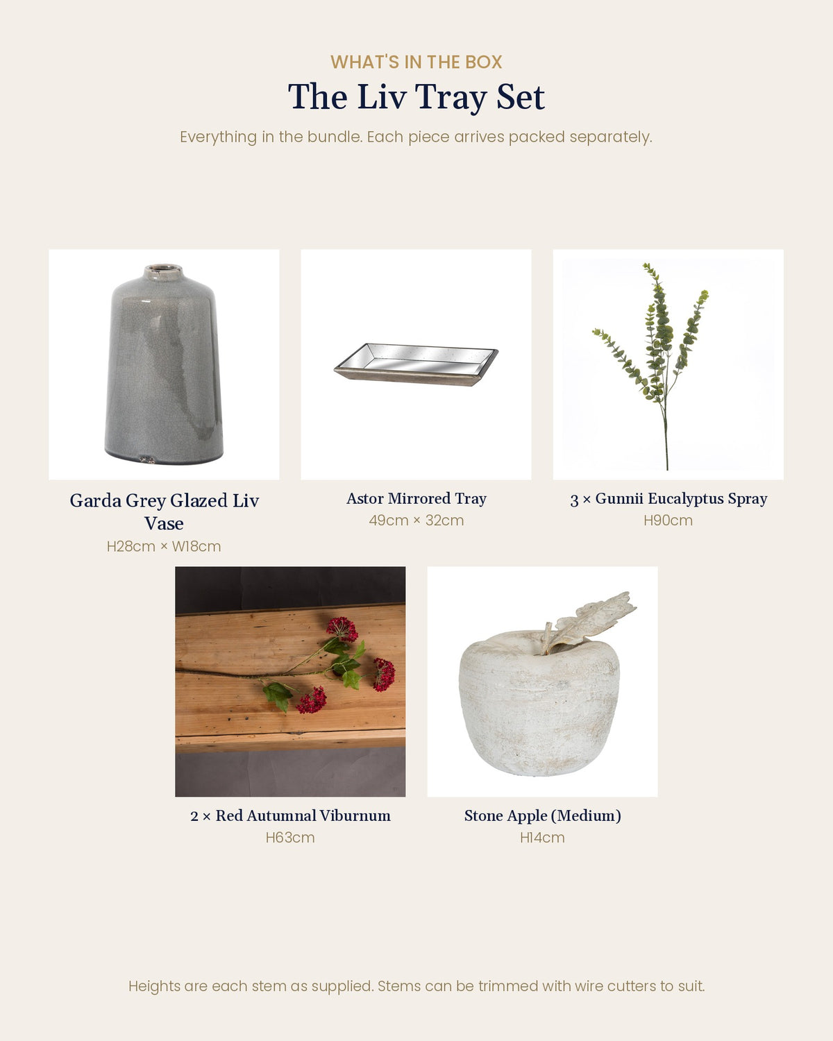 What's in the box for The Liv Tray Set: each artificial stem and piece included, with sizes