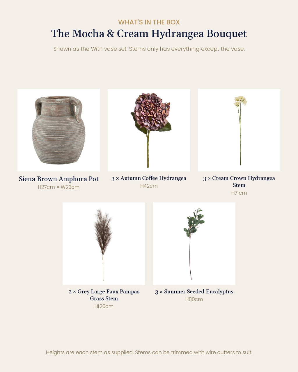 What's in the box for The Mocha & Cream Hydrangea Bouquet: each artificial stem and piece included, with sizes