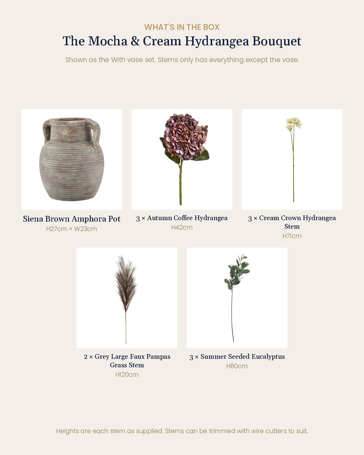 What's in the box for The Mocha & Cream Hydrangea Bouquet: each artificial stem and piece included, with sizes