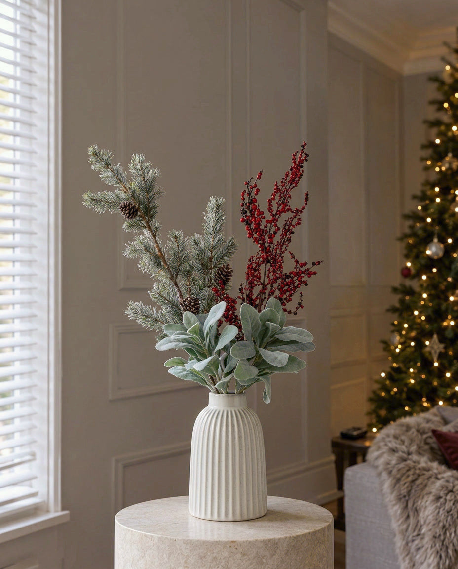 The Monte Bedside Winter Mini in the white ribbed Monte Medium Bell Vase on a stone plinth in a panelled living room, with artificial frosted pine, a red berry branch and lambs ear