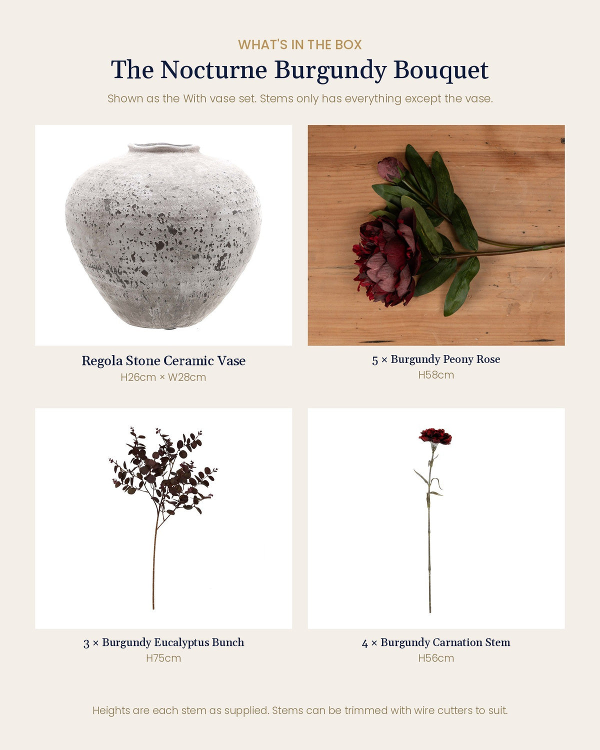 What's in the box for the Nocturne Burgundy Bouquet: Regola Stone Ceramic Vase, 5 burgundy peony roses, 3 burgundy eucalyptus bunches and 4 burgundy carnation stems