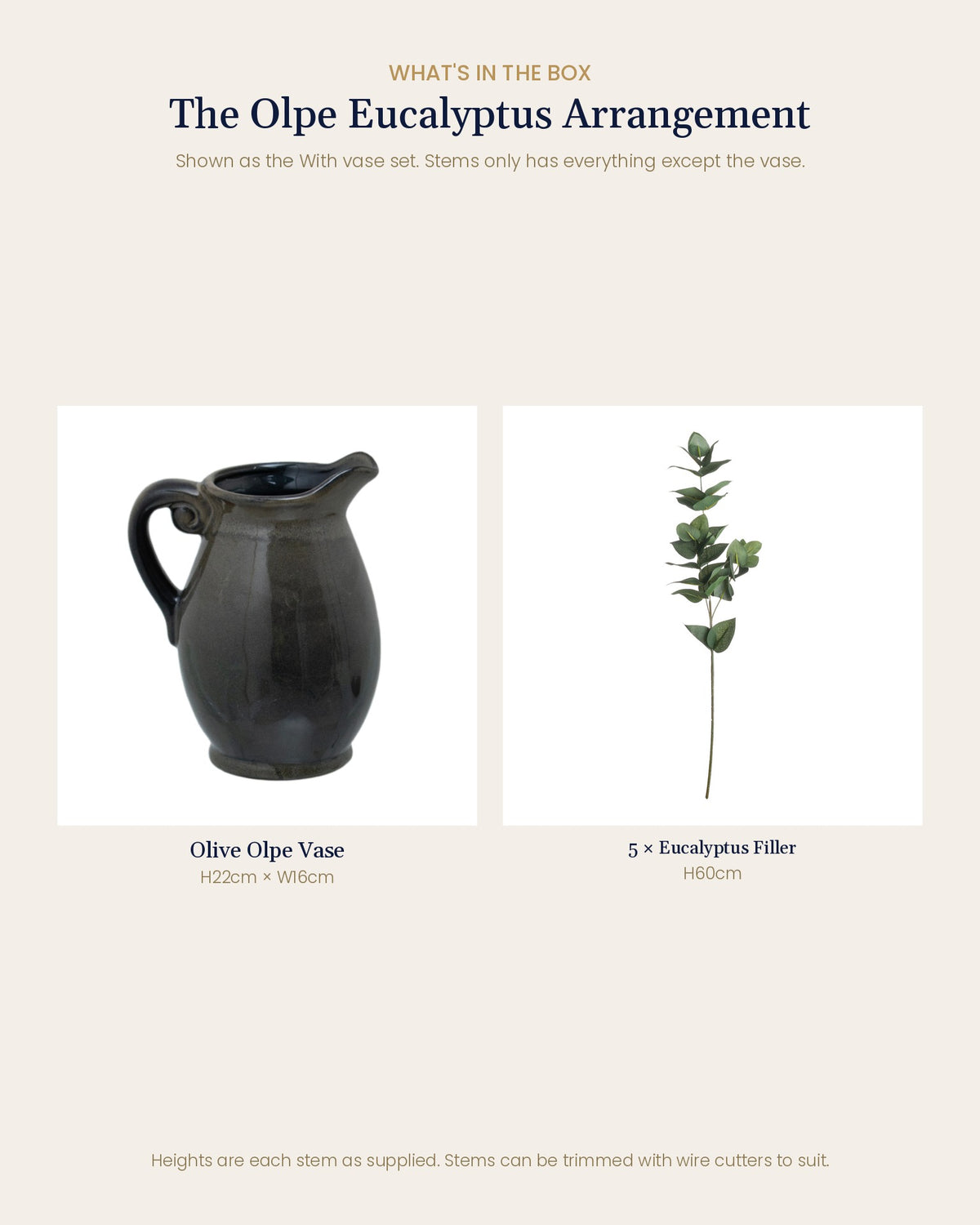 What's in the box for The Olpe Eucalyptus Arrangement: the Olive Olpe Vase and five artificial eucalyptus filler stems, with sizes