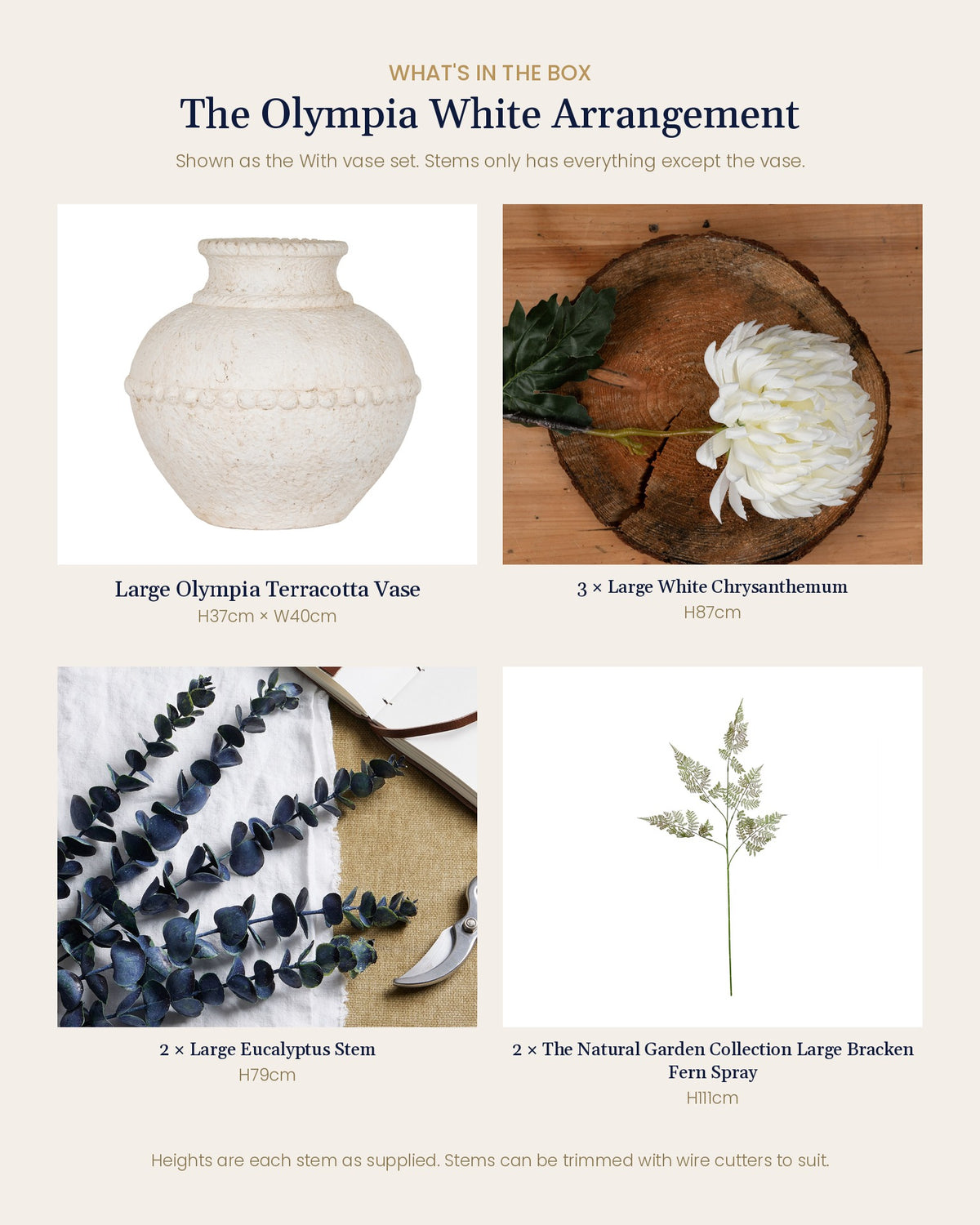 What's in the box for the Olympia White Arrangement: Large Olympia Terracotta Vase, 3 large white chrysanthemums, 2 large eucalyptus stems and 2 bracken fern sprays