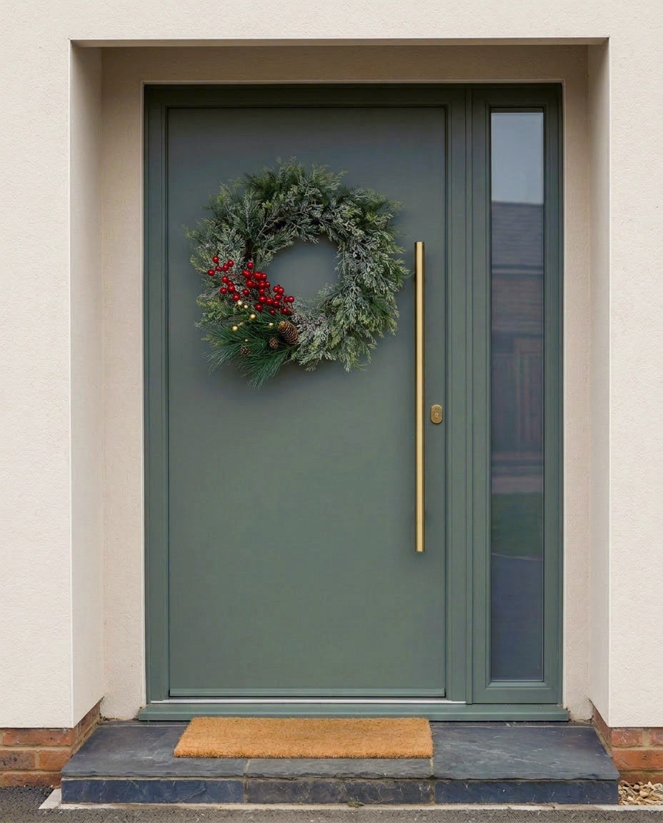 The Frosted Pine Door Wreath Set on a sage green front door, with artificial red berry sprays and a gold spray tucked in at the base