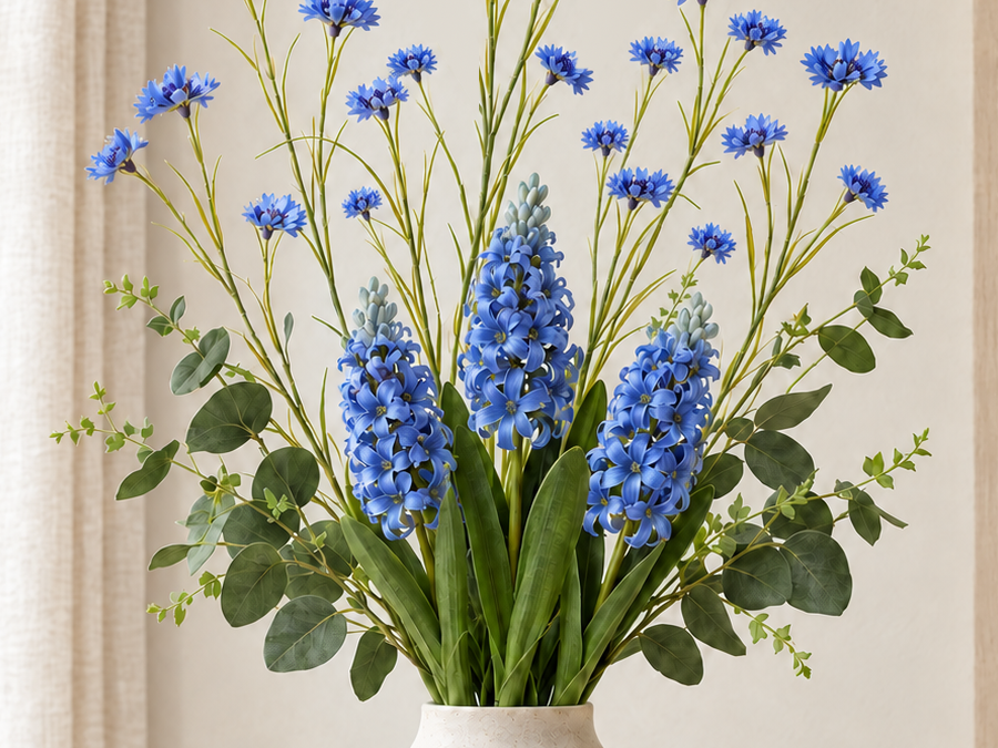 Close detail of blue cornflowers, blue hyacinths and green eucalyptus in the Provence Meadow Bouquet