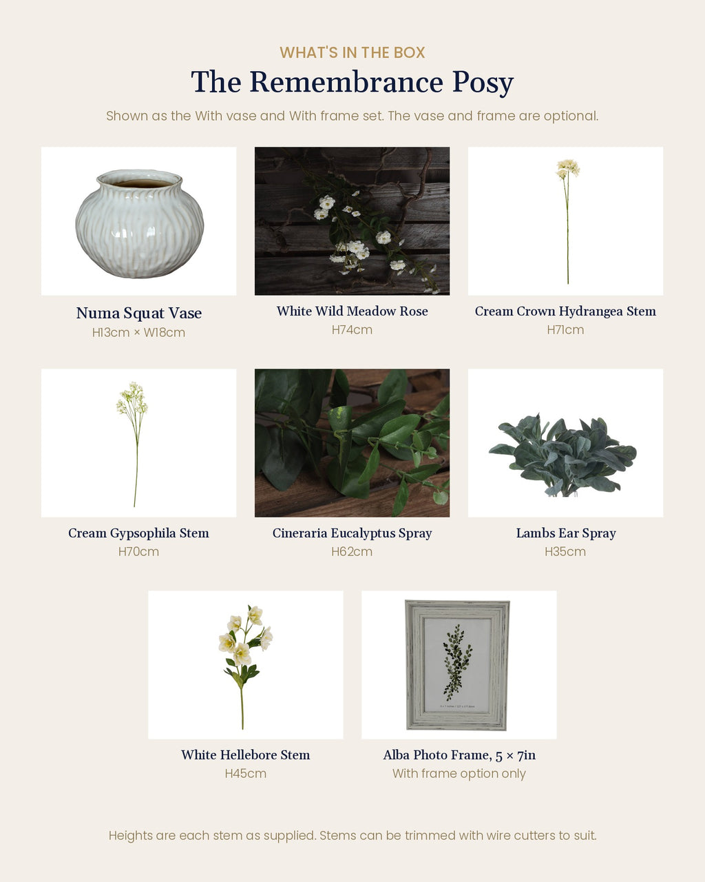 What's in the box for The Remembrance Posy: each artificial stem and piece included, with sizes