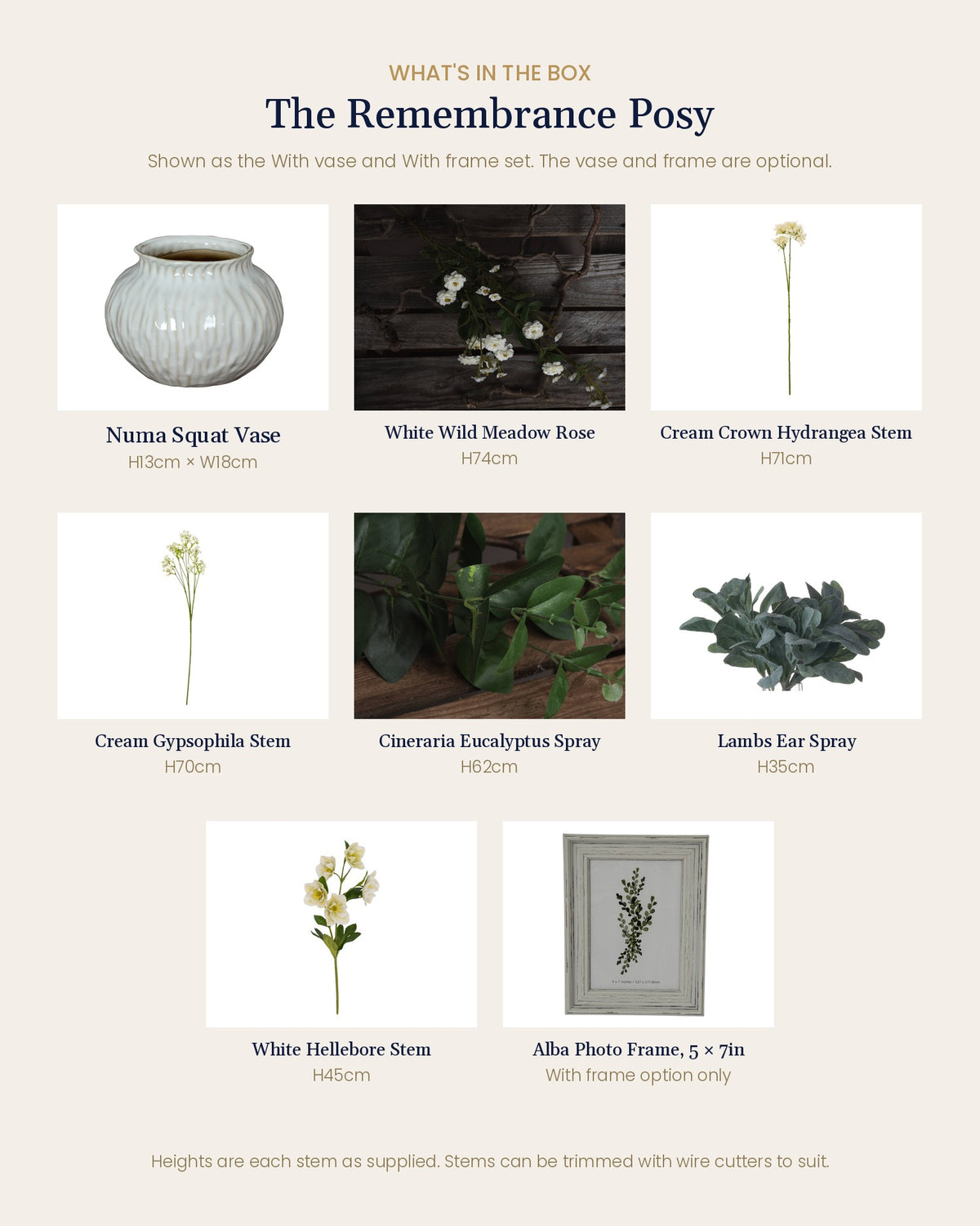 What's in the box for The Remembrance Posy: each artificial stem and piece included, with sizes
