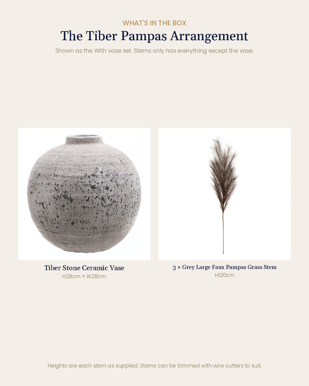 What's in the box for The Tiber Pampas Arrangement: each artificial stem and piece included, with sizes
