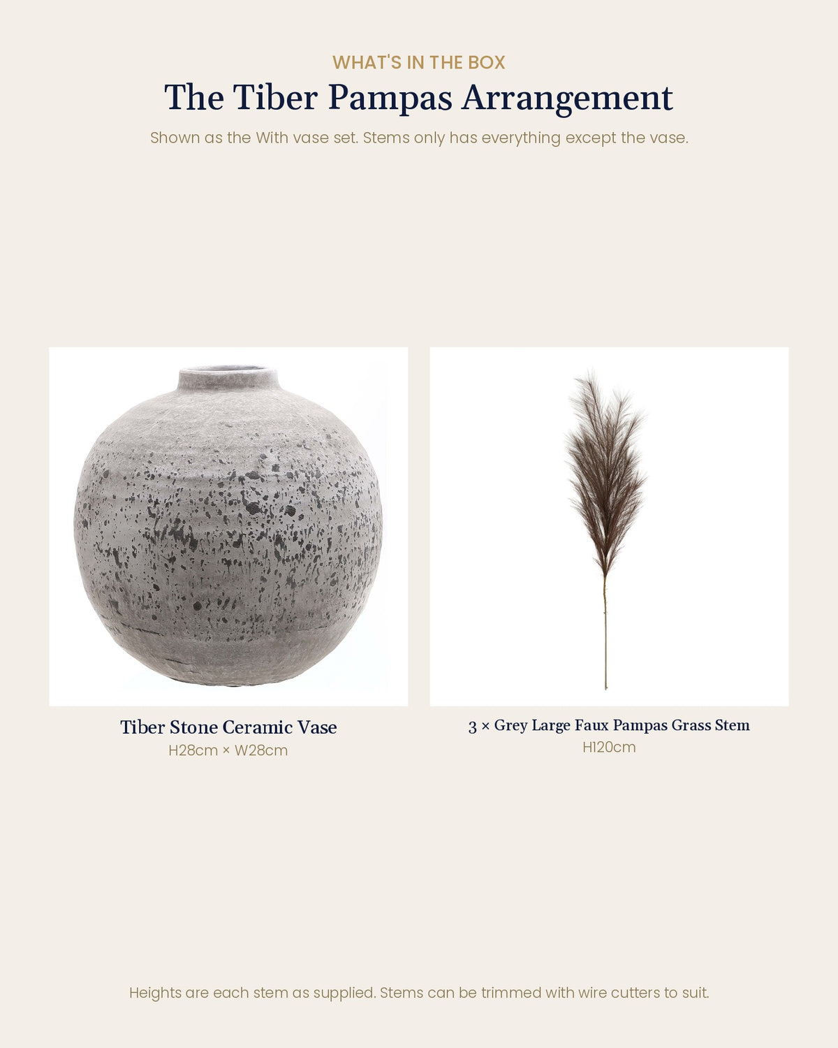 What's in the box for The Tiber Pampas Arrangement: each artificial stem and piece included, with sizes