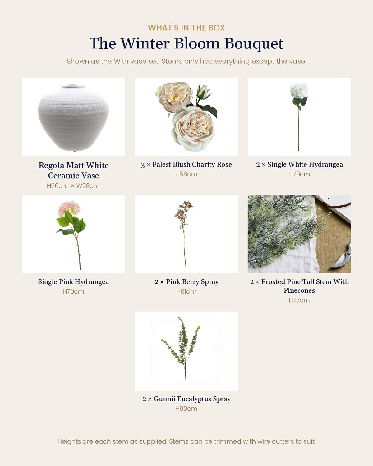What's in the box for The Winter Bloom Bouquet: each artificial stem and piece included, with sizes