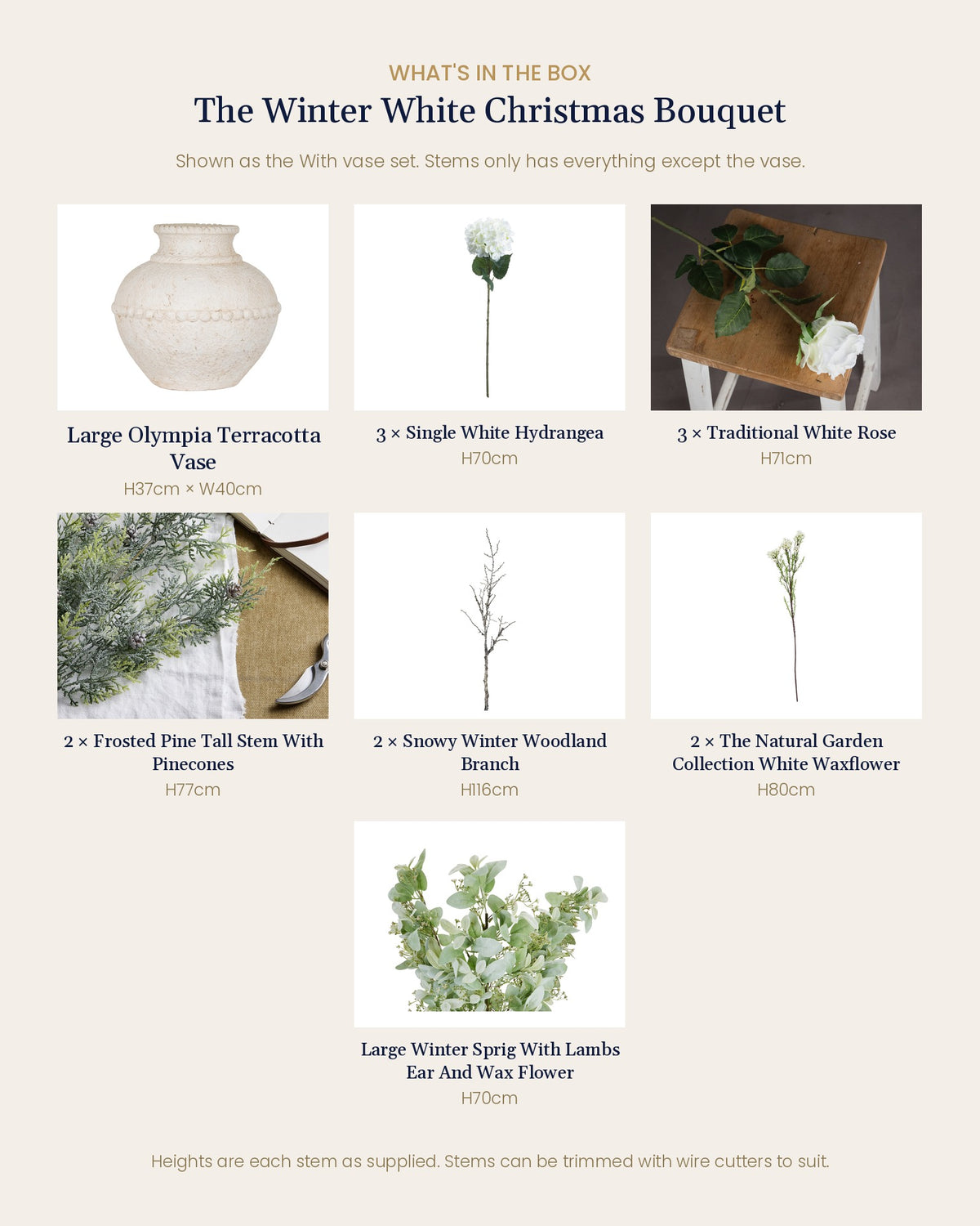 What's in the box for the Winter White Christmas Bouquet: Large Olympia Terracotta Vase, 3 white hydrangeas, 3 white roses, 2 frosted pine stems, 2 snowy woodland branches, 2 white waxflower stems and 1 large winter sprig with lambs ear and waxflower