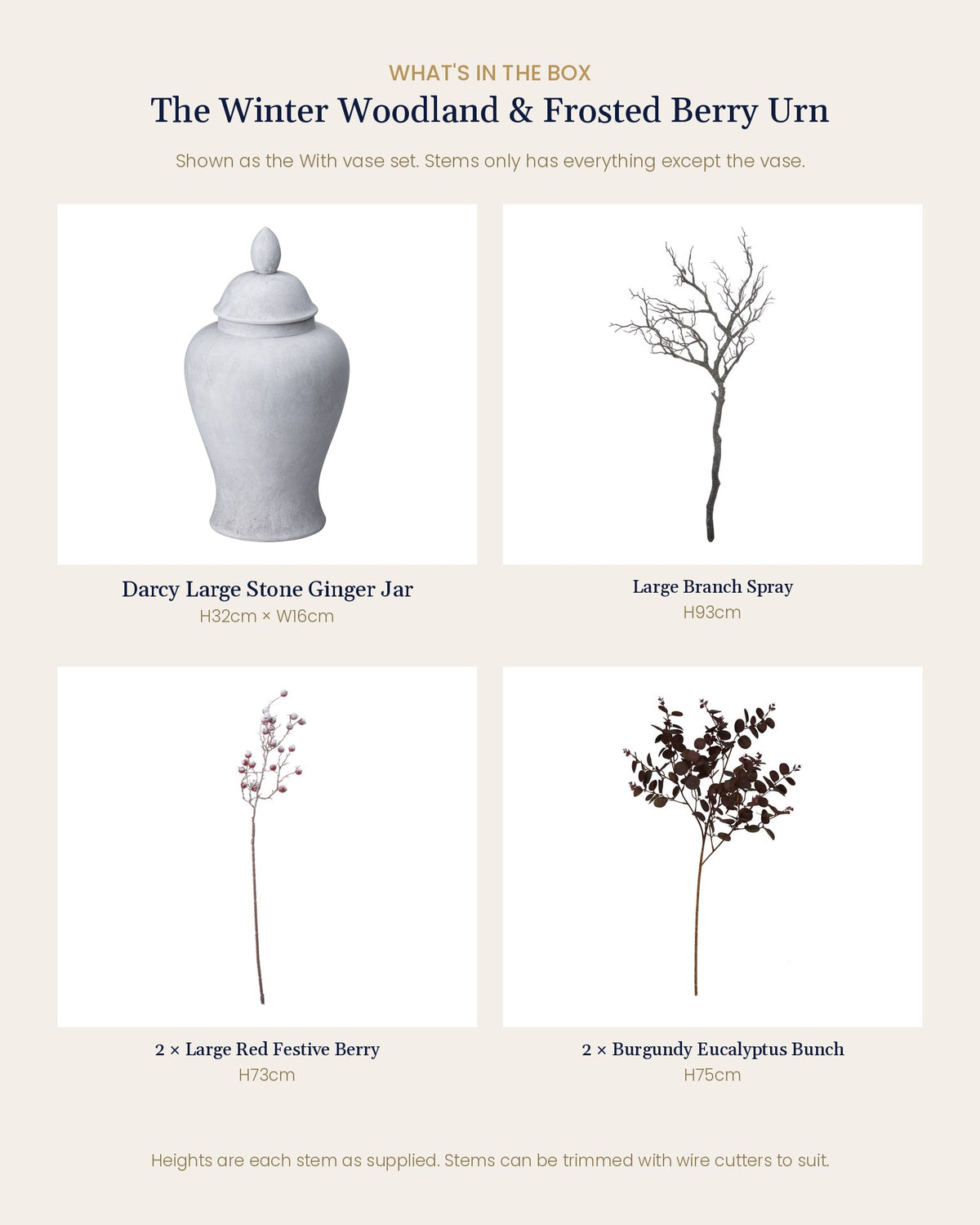 What's in the box for The Winter Woodland & Frosted Berry Urn: each artificial stem and piece included, with sizes