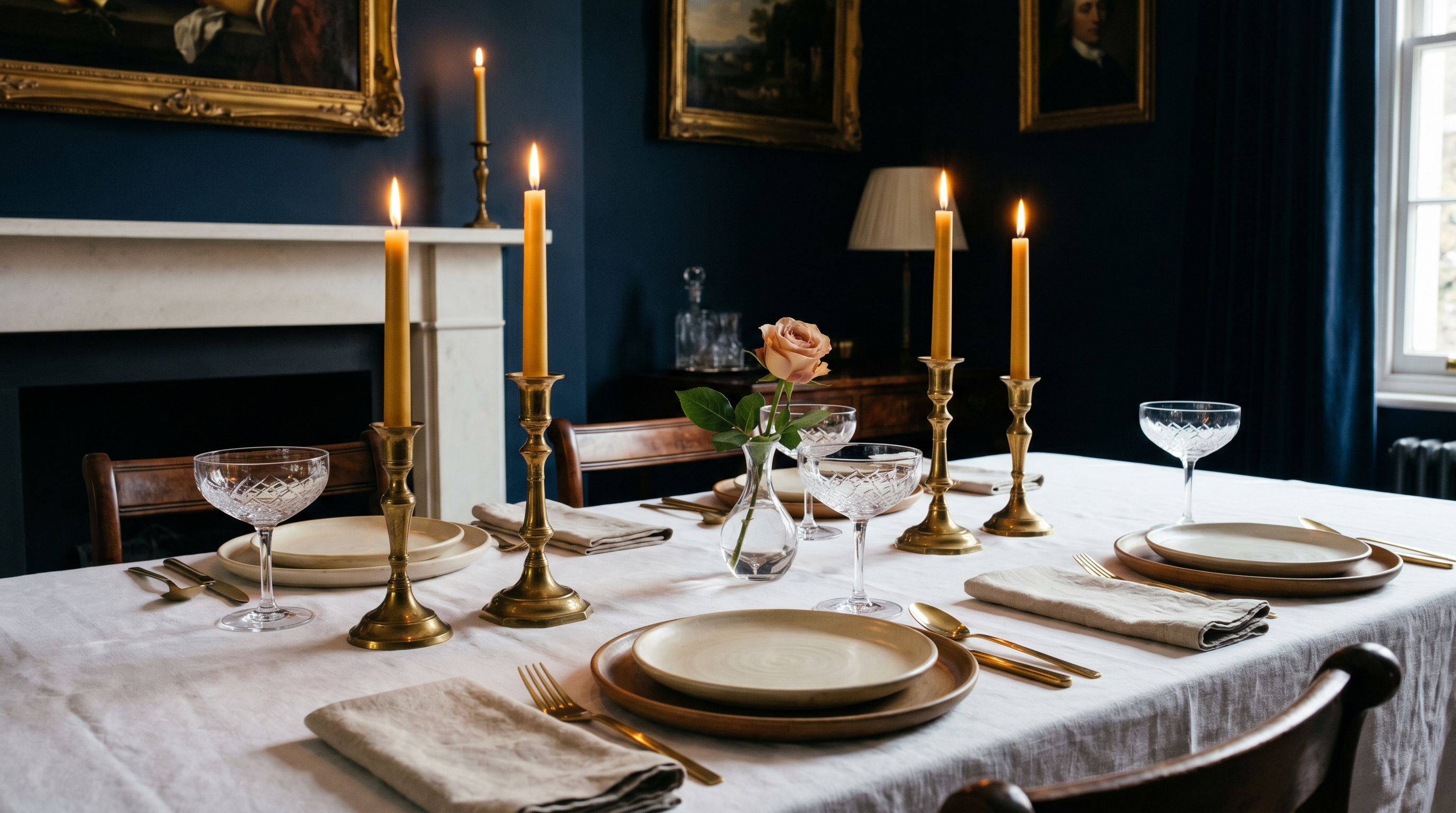 Mayfair townhouse dining room with brass candlesticks