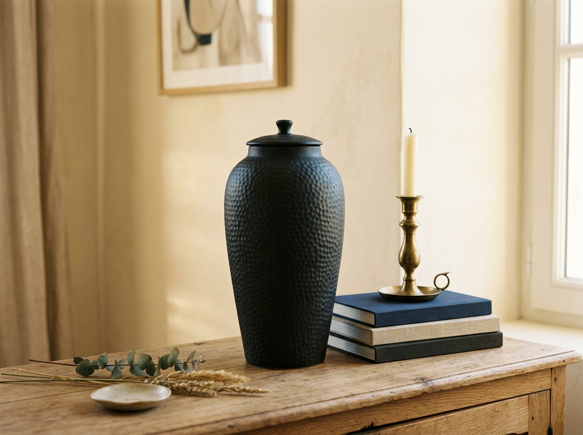 Matt Black Large Hammered Vase With Lid lifestyle