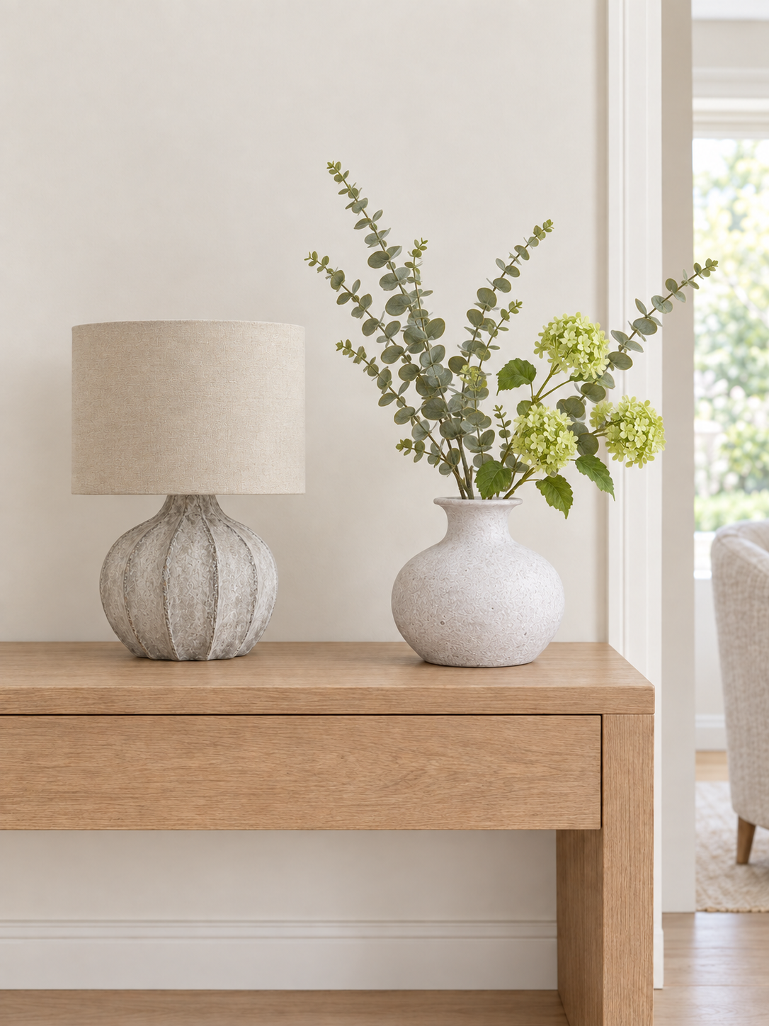 The Darcy Edit — Lamp, Vase & Florals Bundle — Styled arrangement